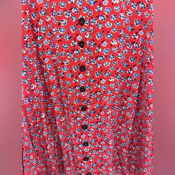 Red Floral V-Neck Midi Dress with Button Front - Picture 5 of 8